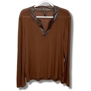 Black List Lip Service Top Brown Flare Sleeve Faux Leather Neckline Medium